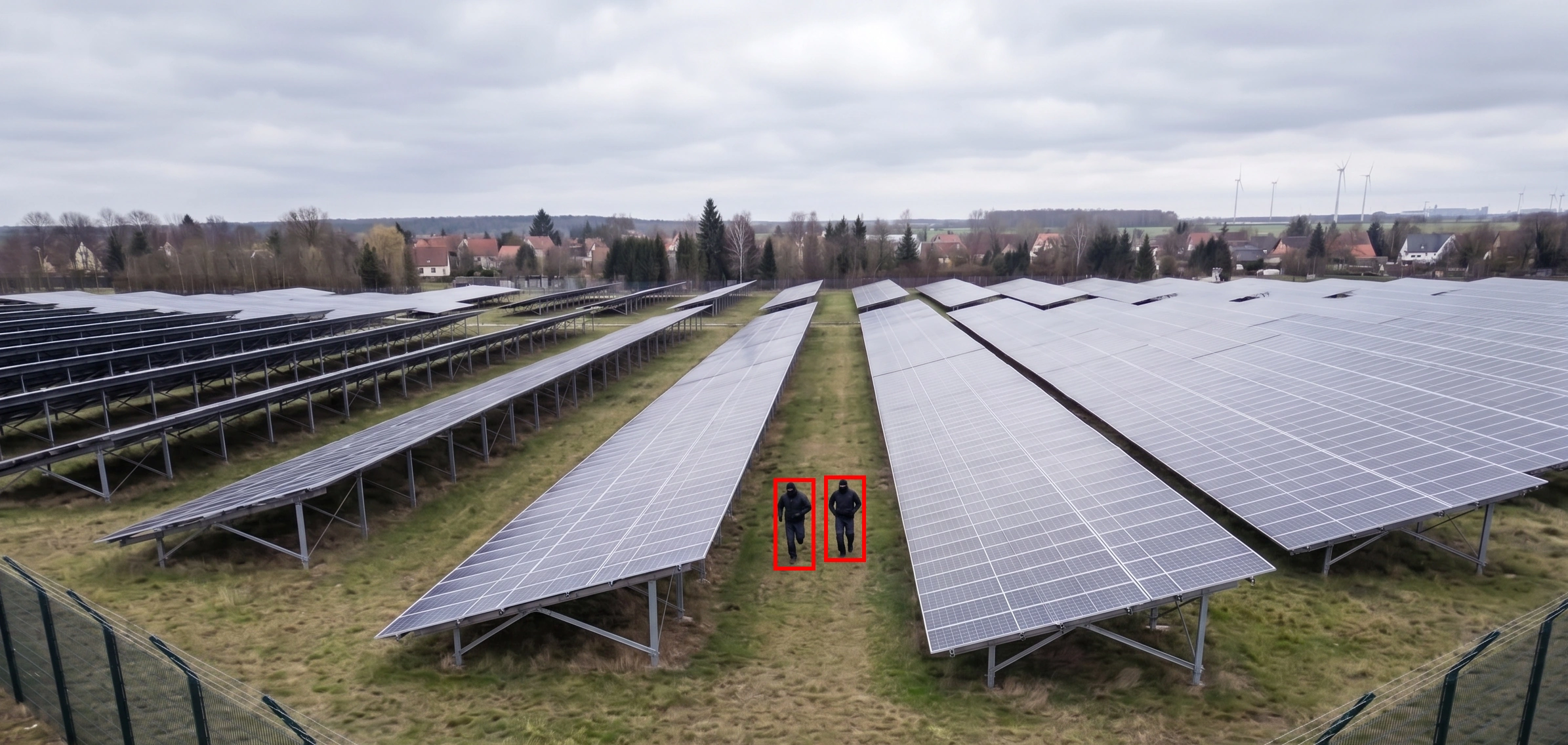 Kamerový systém s AI detekcí člověka ve fotovoltaickém areálu